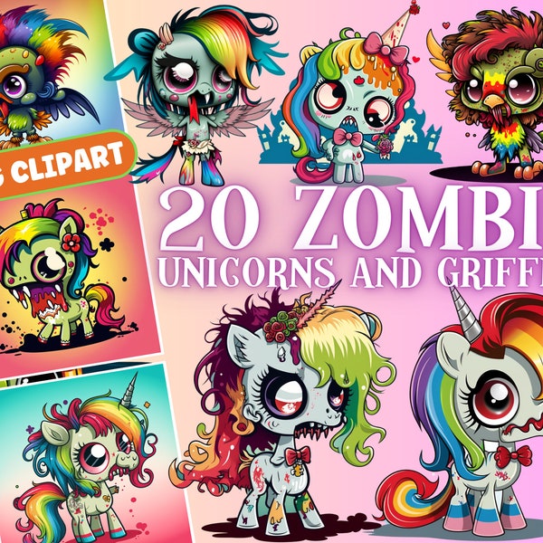 20 Cute Kawaii Zombie Unicorn and Zombie Griffin Clipart Bright Zombie Cute Kawaii Bundle Free Commercial Use Unicorn Zombie Png Bundle