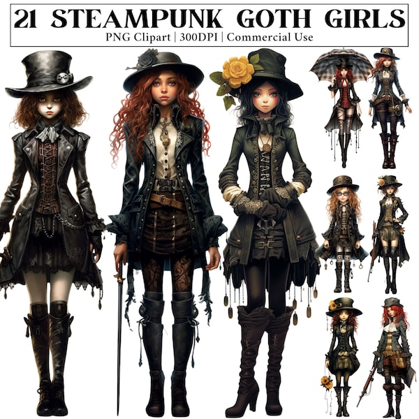 Watercolor Goth Steampunk Girls Clipart Gothic Fantasy PNG Digital Download Goth Girl Card Making Scrapbook Goth Junk Journal Paper Crafts