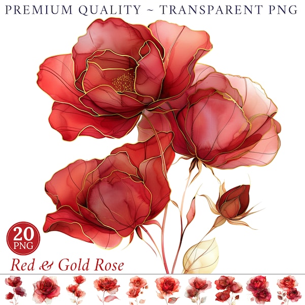 20 fiori astratti Clipart Red Rose PNG TRASPARENTE stampa acquerello rosso oro rosa Clipart acquerello floreale carta artigianale fiore in oro rosa