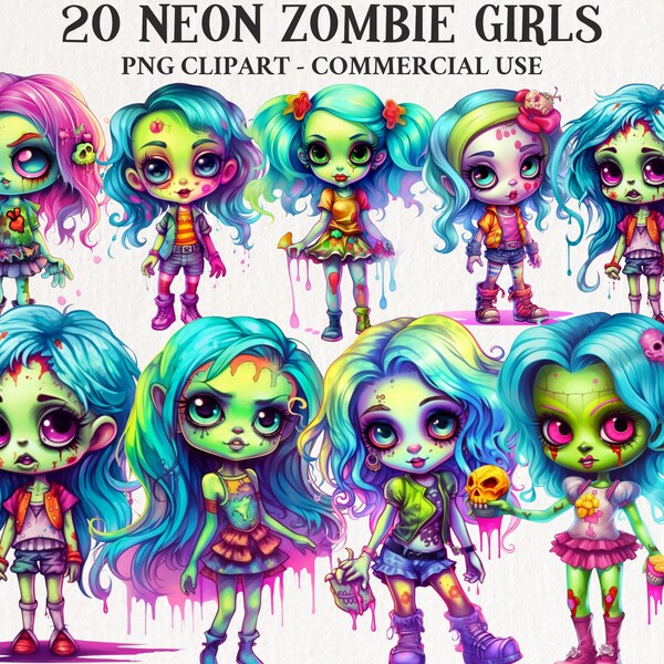 Neon Zombie Girl Clipart PNG Scary Zombie Clip Art Halloween Zombie Spooky Girl Kawaii Zombie Gift Card Stock Cute Monster Scrapbook Junk