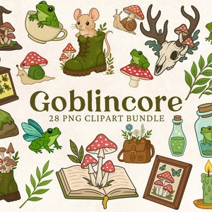 May include: A collection of 28 PNG clipart images with a goblin-core theme. The illustrations include mushrooms, frogs, a mouse in a boot, a deer skull, a lantern, a book, and a candle. The word "Goblincore" is written in a brown font.