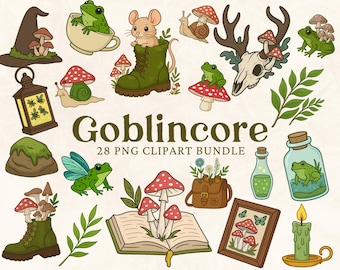 Goblincore-clipart, Cottagecore groene heks clipart, kikker en pad afdrukbaar sublimatieontwerp, digitale stickers, Fairycore-clipart