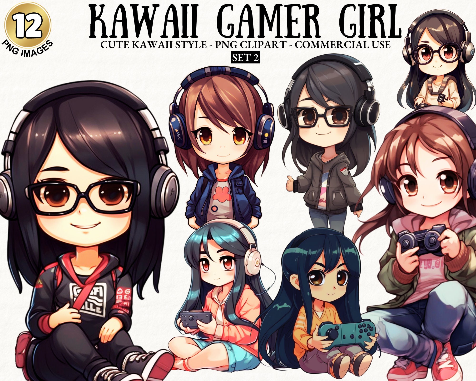 Kawaii Gamer Girl Sticker Gaming Planner Clipart Chibi Bundle 