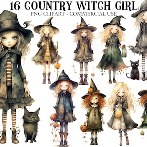 Country Witch Girl Clipart Cottagecore Witch PNG Boho Witches Planner Bundle Magic Art Clipart Fantasy Pumpkin Clipart Cat Photoshop Overlay