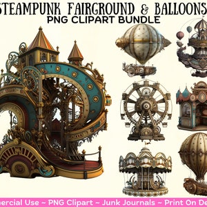 Steampunk Rummelplatz Sehenswuerdigkeiten Heißluftballons PNG Clipart Bundle Steampunk Fun State Fair PNG Bundle Freie kommerzielle Nutzung Print On Demand