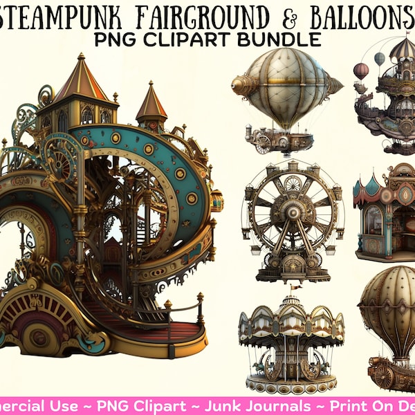 Steampunk Fairground Attractions Hot Air Balloons PNG Clipart Bundle Steampunk Fun State Fair PNG Bundle Free Commercial Use Print On Demand