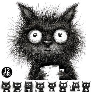 12 Whimsical Grumpy Coffee Cat Clipart Printable Commercial Use Whimsical Cat Lover Cat Gift Cat Tshirt Design POD Sublimation Cat PNG Cat