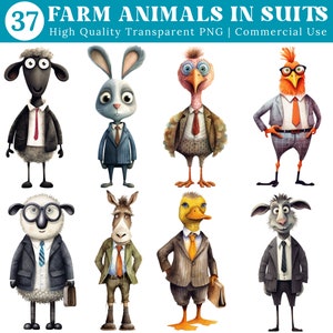 Whimsical Farms Animal Clipart Farm Animal PNG Farm Animals in Suits Clip Art Farm PNG Graphic Whimsical Pig Fun Cow Clipart Whimsical Hen