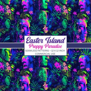 Preppy Paradise Easter Island Jungle Digital Paper – Seamless Moai Patterns with Tropical Birds, Florals & Preppy Vibes – PNG Download