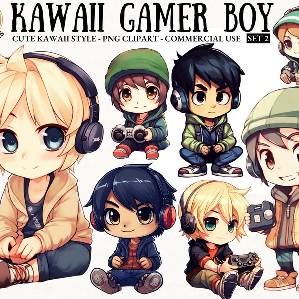 Cute Kawaii Gamer Boy Video Game Player Clipart Chibi Bundle Free Commercial Use Print On Demand Computer Gamer Nerd NPC Png Bundle Digital