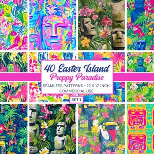 Preppy Paradise Easter Island Jungle Digital Paper – Seamless Moai Patterns with Tropical Birds, Florals & Preppy Vibes – PNG Download SET 1