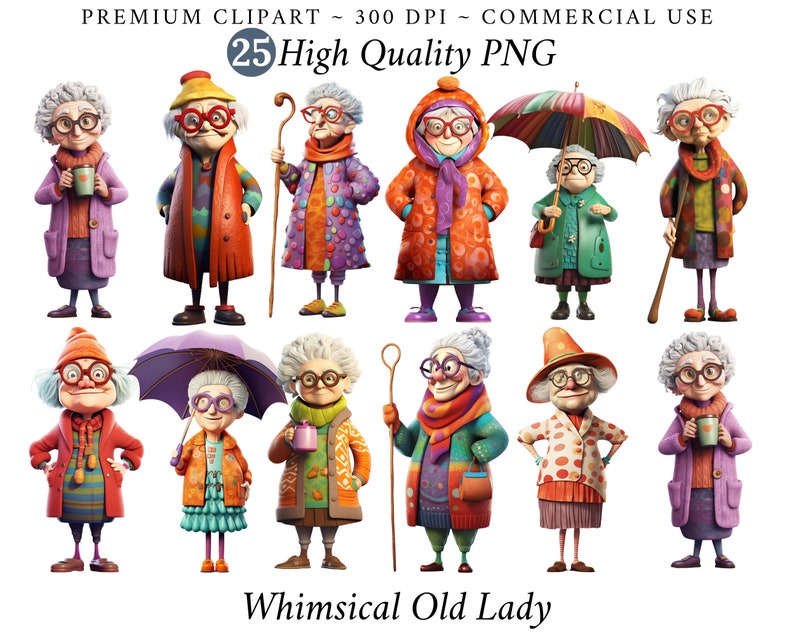 Whimsical Old Lady Clipart Mixed Media Quirky Lady Clip Art Coffee Lady ...