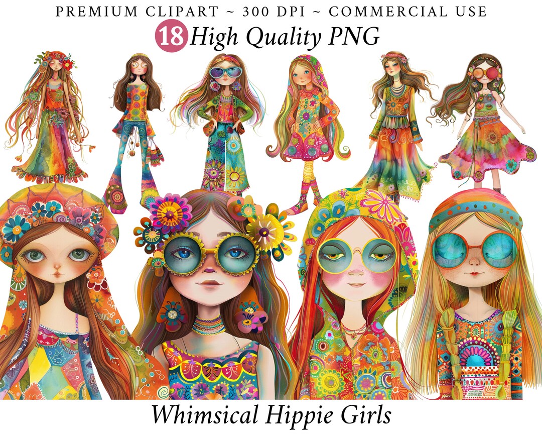Whimsy Hippy Whimsical Hippie Girl Clipart, Quirky Cat Clip Art, Mixed Media Hippie ...