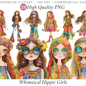 Whimsical Hippie Girl Clipart, Quirky Cat Clip Art, Mixed Media Hippie PNG Images, Transparent Background, Hippie Wall Art, Hippie Picture