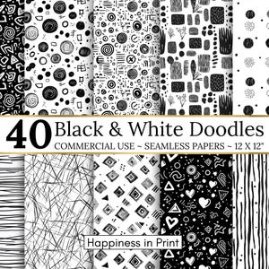 Papier numérique Doodle noir et blanc, motif Doodle, dessiné à la main, téléchargement immédiat Illustration Doodle motif preppy Doodle