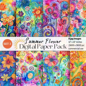Papel digital de flores de verano para uso comercial, fondo de acuarela con flores, papel floral imprimible, arte floral caprichoso, álbum de recortes, manualidades florales