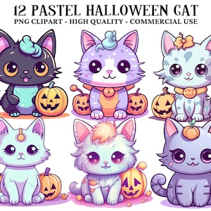 Pastel Halloween Clipart Kawaii Halloween Cat PNG Halloween Clipart Bundle Commercial Use Junk Journal Sublimation Scrapbook Card Stock