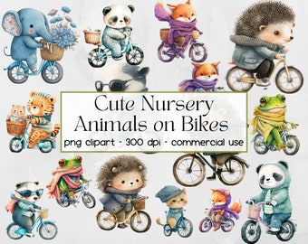 Animaux de pépinière mignons sur des vélos Clipart Woodland Animal PNG Safari Animals PNG Graphics Téléchargement instantané pour un usage commercial