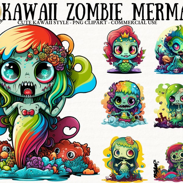 Zombie Little Mermaid Clipart Kawaii Scary Fish Mermaid PNG Rainbow Siren Chibi Girl Bundle Free Commercial Use Cute Mermaid Zombie Fish