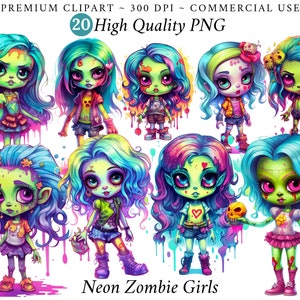 Neon zombie meisje clipart PNG enge zombie illustraties Halloween zombie griezelig meisje kawaii zombie cadeaubon voorraad schattig monster scrapbook rommel