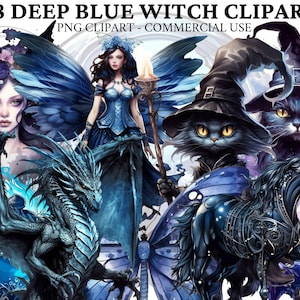 Blue Witch Clipart Celestial Witch PNG Witch Cat Bundle Mystical Clipart Fantasy Dragon Enchanted Fairy Clipart Dark Spell Photoshop Overlay