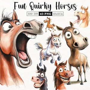 Cute Funny & Quirky Horse Clipart PNG Bundle - 43 Watercolor Horse Animal Printable Transparent Clip Art | Digital Download | Commercial Use