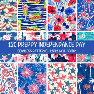 Naadloos patroon 120 preppy Independence Day | Digitaal papier van 4 juli | Patriottische rood-wit-blauwe achtergrond | Sublimatie direct downloaden