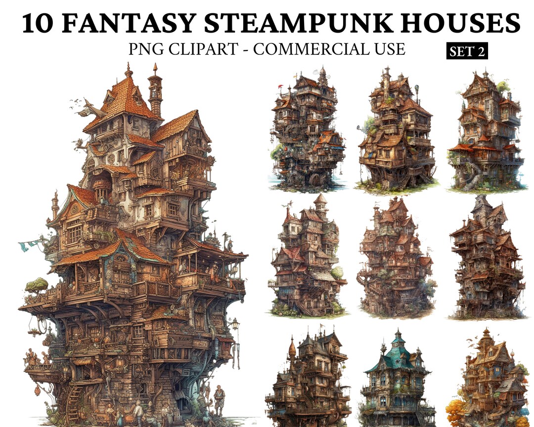Watercolor Fantasy Steampunk House Clipart PNG Watercolor Victorian ...