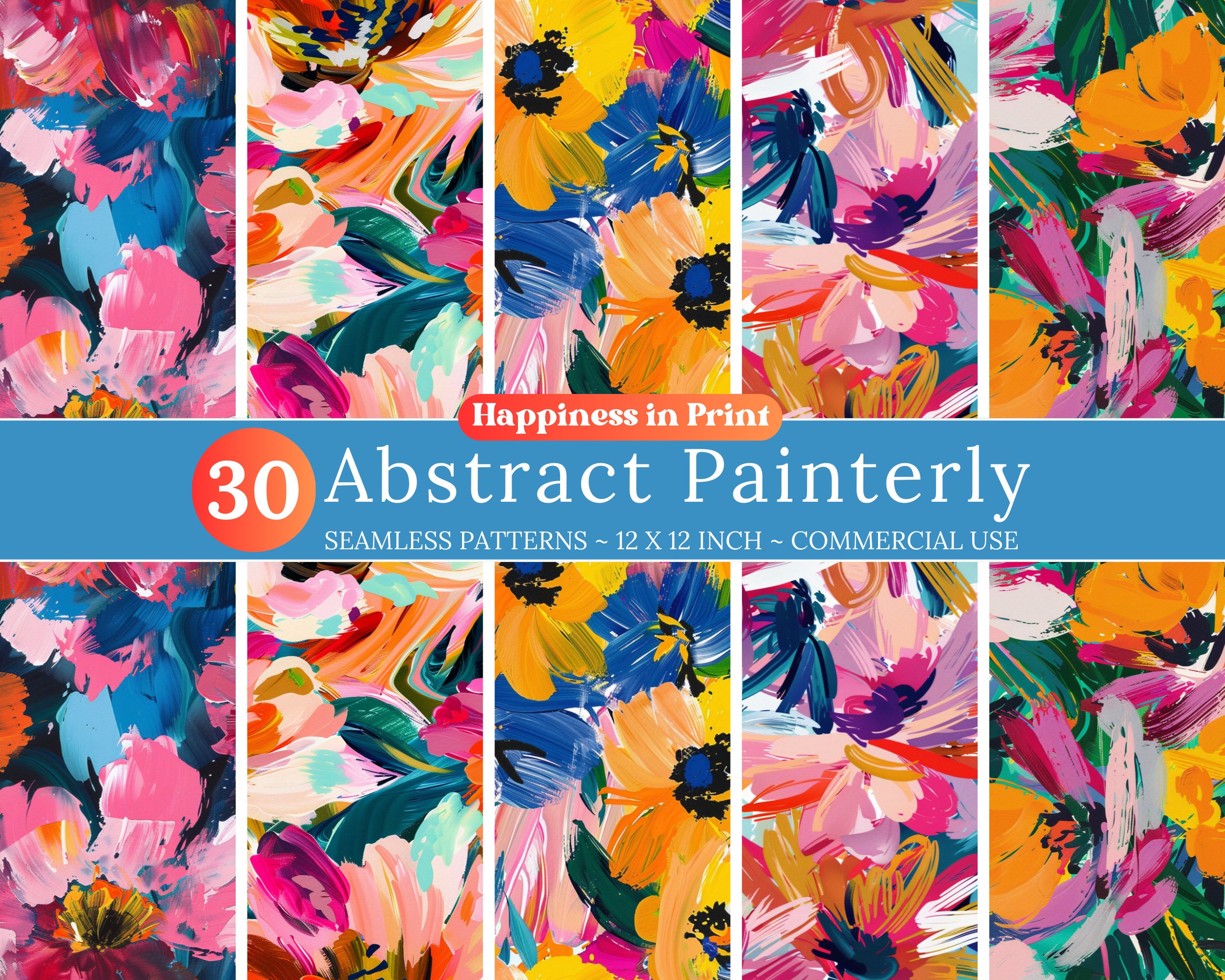 30 Painted Abstract Floral Pattern Set, Seamless Painted Floral ...
