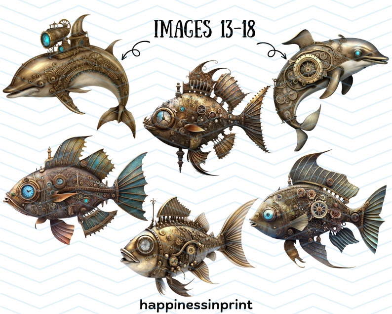 30 Steampunk Sea Creatures Clipart Bundle Steampunk Shark Whale Crab PNG Pack Digital Download Free Commercial Use Print On Demand Steampunk image 7