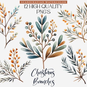 Scandinavian Christmas Branches Clipart Traditional Christmas Clipart Bundle Watercolor Christmas Tree Winter Clipart Christmas Elements