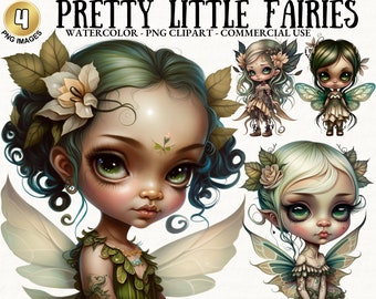 4 Pretty Little Fairies Clipart Bundle Watercolor Cute Fairy PNG Pack Free Commercial Use Print On Demand Digital Download Png Collection