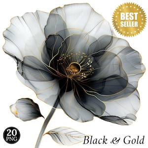 Abstract Flowers Clipart Flower Print Watercolor Black Transparent PNG Flower Clipart  Watercolor Floral Black Gold Flower INSTANT DOWNLOAD
