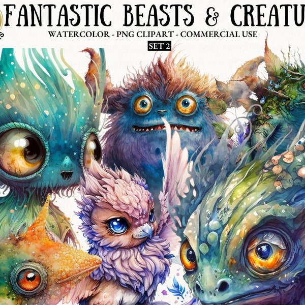 Watercolor Fantastic Beasts Bundle 2 PNG Fairytale Creatures Clipart Fantasy Digital Download Gryphon POD Design Dragon Print Commercial Use