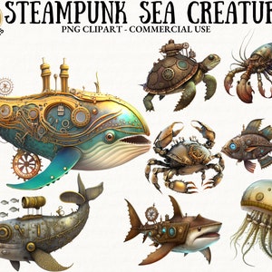 30 Steampunk Sea Creatures Clipart Bundle Steampunk Shark Whale Crab PNG Pack Digital Download Free Commercial Use Print On Demand Steampunk