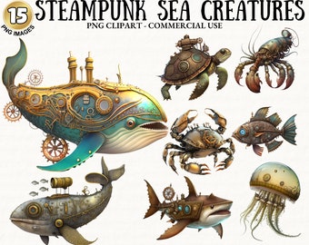 30 Steampunk Sea Creatures Clipart Bundle Steampunk Shark Whale Crab PNG Pack Digital Download Free Commercial Use Print On Demand Steampunk
