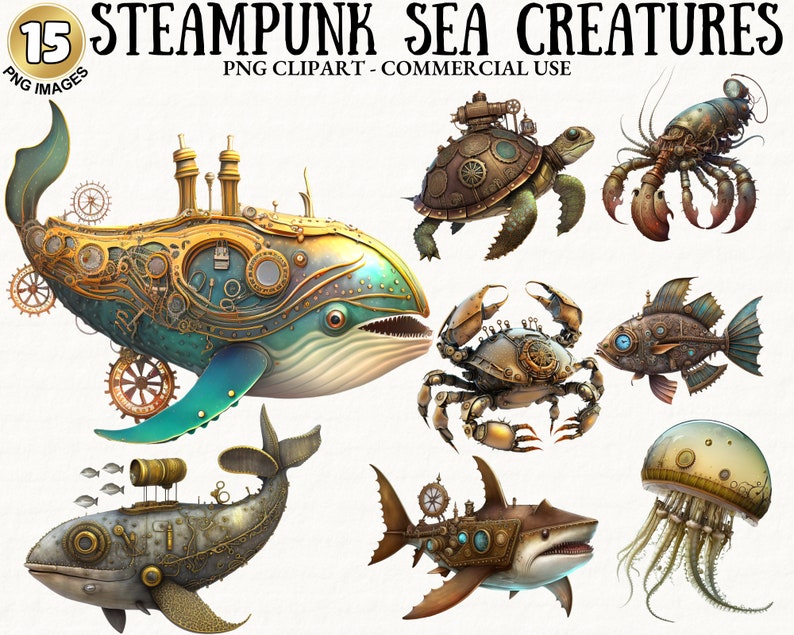 30 Steampunk Sea Creatures Clipart Bundle Steampunk Shark Whale Crab PNG Pack Digital Download Free Commercial Use Print On Demand Steampunk