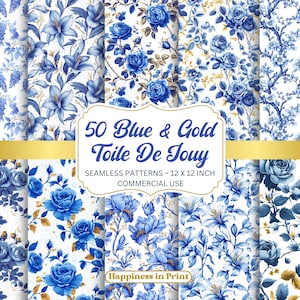 Blue Toile De Jouy Digital Paper, Blue Gold Vintage Floral Patterns, Blue And White Chinoiserie Backgrounds, Scrapbook Paper, French Toile