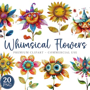 Flores caprichosas Clipart, Quirky Flower Clip Art, Elementos caprichosos, Fundo transparente, Gráficos de flores Png, Flor engraçada CU Clipart