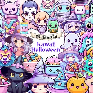 Kawaii Halloween Cute Pastel Candy Clip Art Bundle Happy Halloween Prinatable PNGs Kids Witches Cat Pumpkin Ghost Bat Skull Potions Clipart