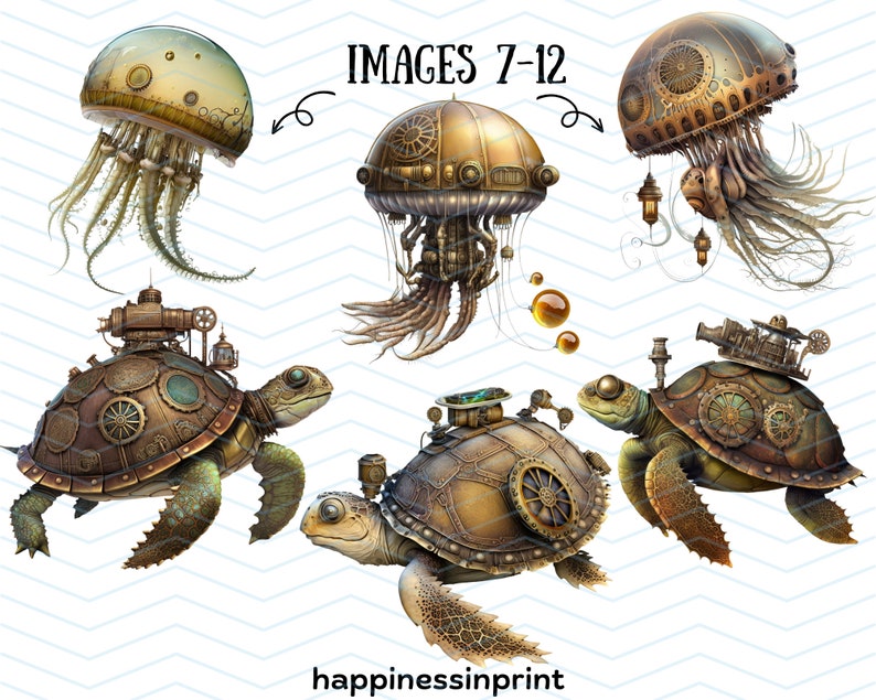 30 Steampunk Sea Creatures Clipart Bundle Steampunk Shark Whale Crab PNG Pack Digital Download Free Commercial Use Print On Demand Steampunk image 6