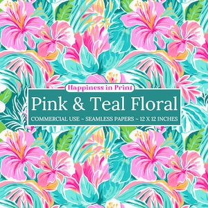Adrettes tropisches rosa & türkises Blumen-digitales Papier nahtloses tropisches Muster druckbares Scrapbook-Papier Blumenmuster-Wand-Kunst