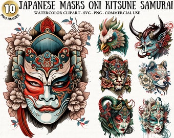 Japanese Masks Oni Kitsune Samurai Clipart Bundle Theatre Mask Japan PNG SVG Scrapbook Junk Journal Card Craft Sticker Commercial Use