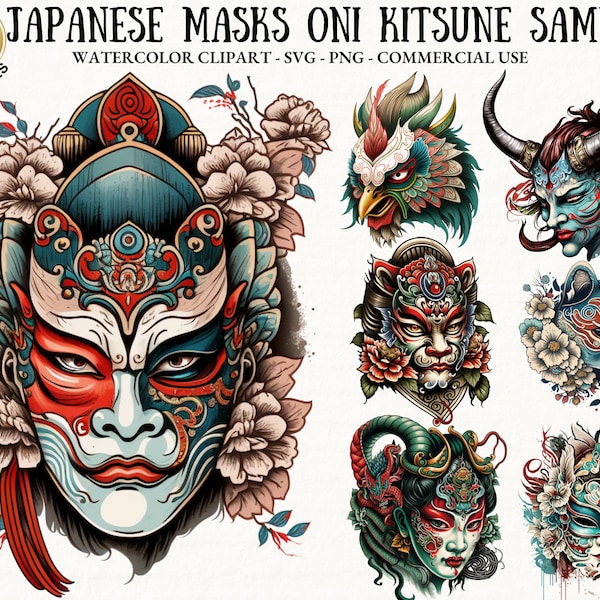 Masques japonais Oni Kitsune Samurai Clipart Bundle Masque de théâtre Japon PNG SVG Scrapbook Junk Journal Card Craft Sticker Utilisation commerciale