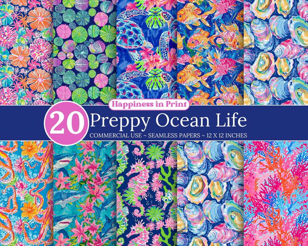 Preppy Sea Life Pack Digital Paper Seamless Pattern Printable Scrapbook ...