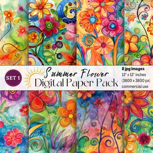 Summer Flower Digital Paper Commercial Use Watercolor Flower Background Printable Floral Paper Whimsical Flower Art Scrapbook Flower Craft