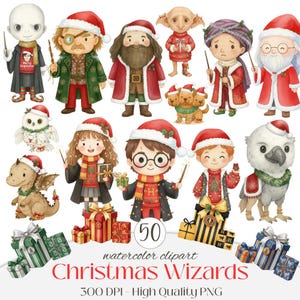 Puede incluir: Clipart de acuarela con 50 magos navideños, con personajes con gorros de Papá Noel y atuendos festivos. La imagen incluye cajas de regalo y el texto "Christmas Wizards" y "300 DPI - High Quality PNG".