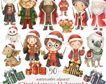 Christmas Wizard Friends Clipart Bundle | Cute Magical Holiday Characters | Watercolor PNGs | Wizard School Xmas Art | Commercial Use