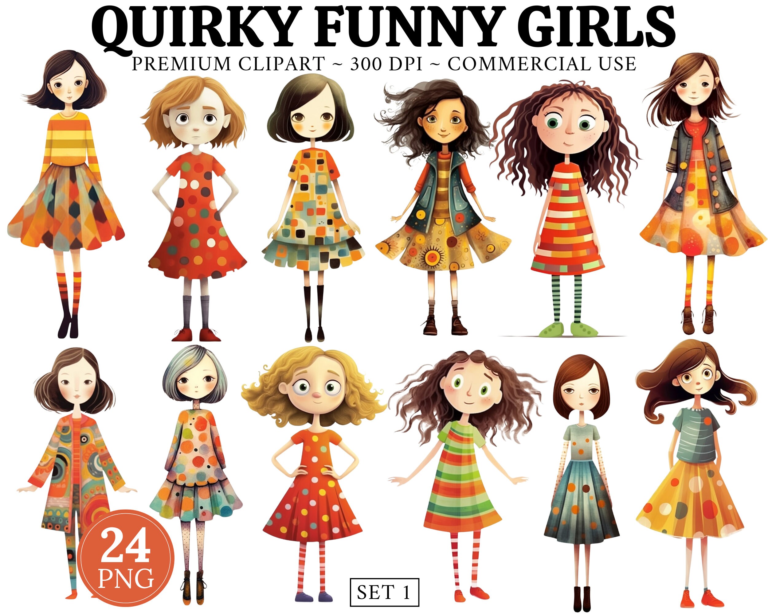 Quirky Girl Clipart, Commercial Use, Whimsical Ephemera, Magical Garden ...