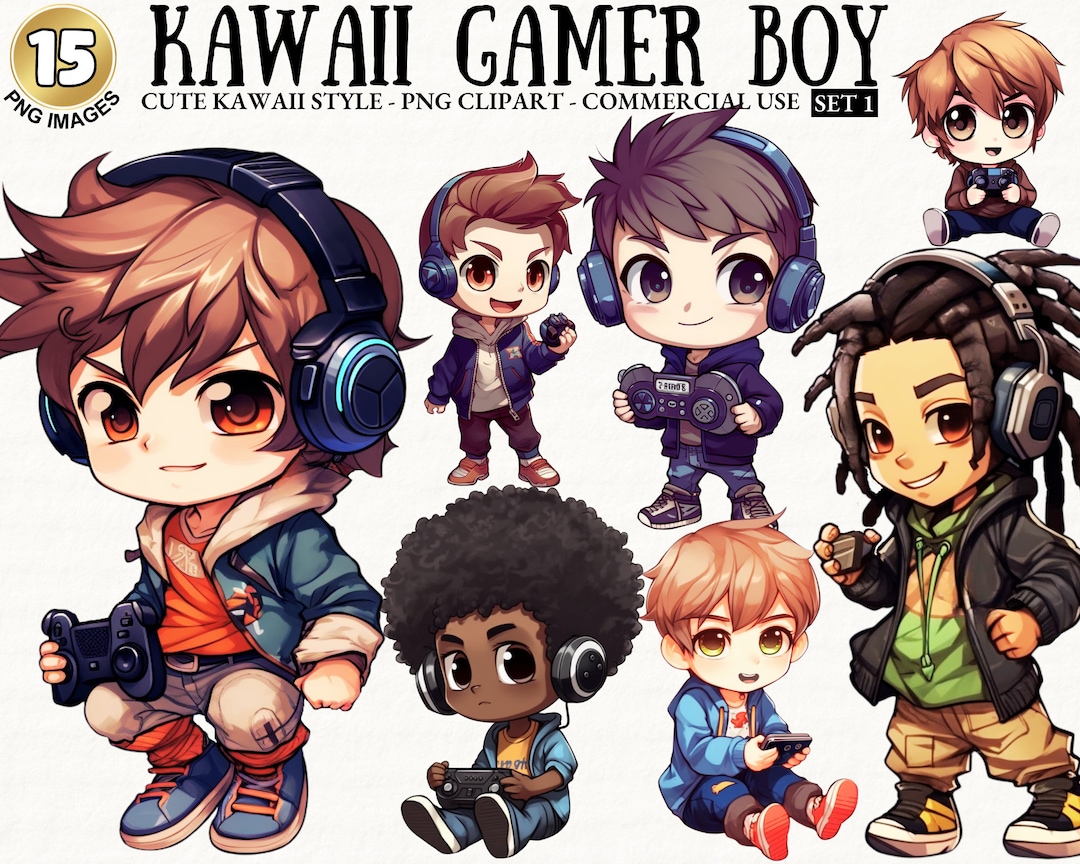 Cute Kawaii Gamer Boy Video Game Player Clipart Chibi Bundle Free